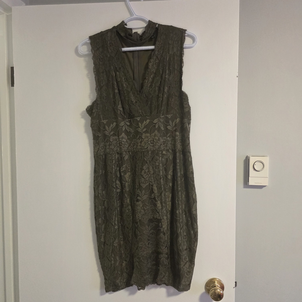 GUESS Sleeveless Olive Lace V-Neck Dress